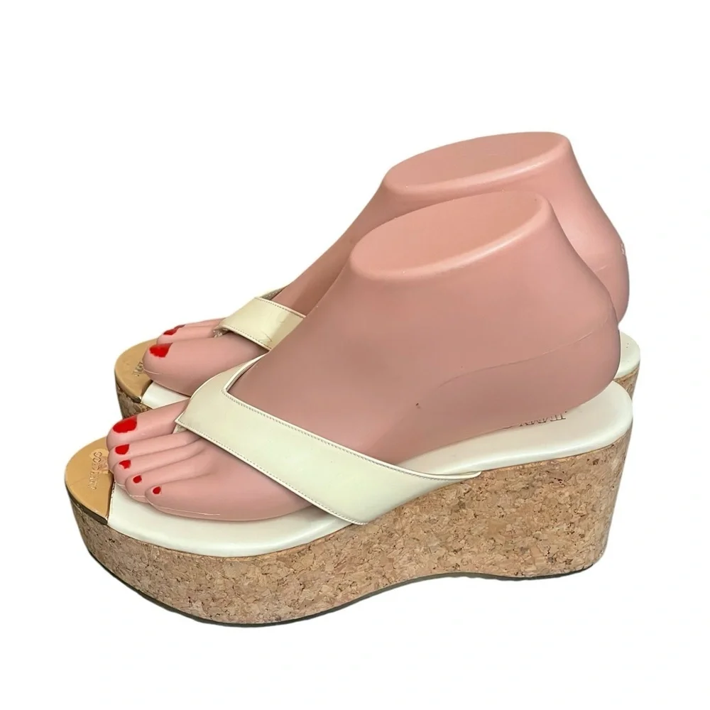 JIMMY CHOO Open Toe Platform Wedge Sandals Leather‎ Cork Size 7/ 37